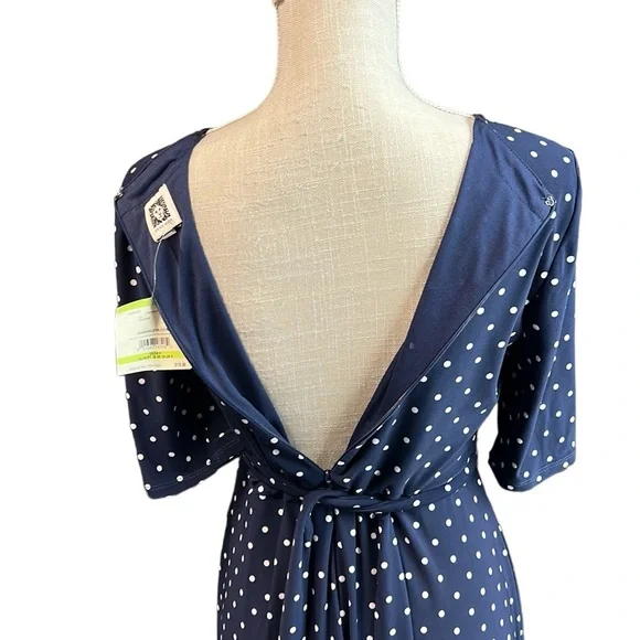 NWT Anne Klein Short Sleeve Dress Blue White Polka Dot Below Knee Midi Womens 4 - Picture 6 of 11